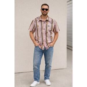 Mens Guess Jeans Button Down Shirt Brown Pink Botanical Distressed Print Sz M